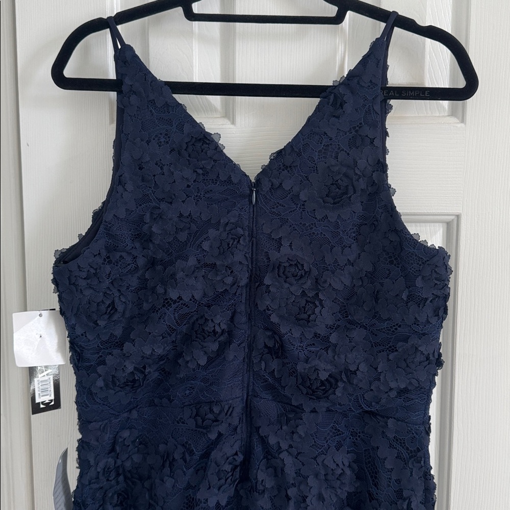 NWT Xscape Navy Lace  Dress w/ Navy Fabric Flowers Throughout - Picture 7 of 13